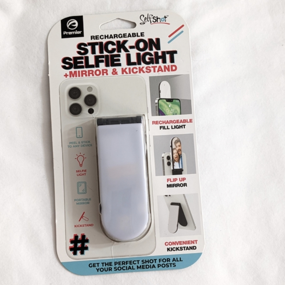 NEW Rechargeable Stick On Selfie Light + Mirror & Kickstand